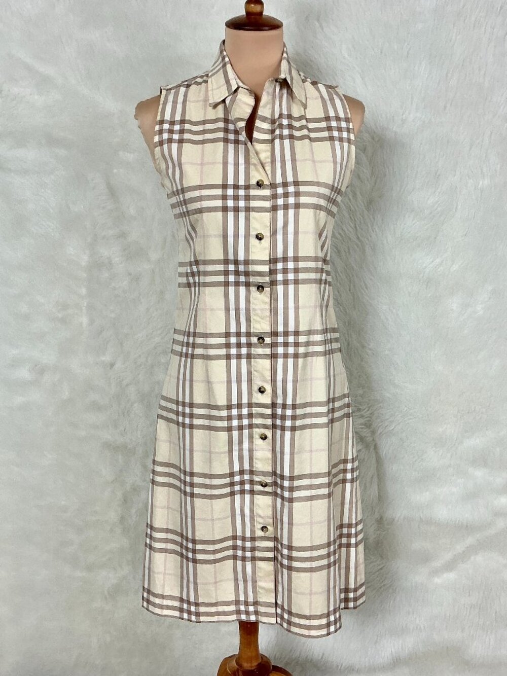 Burberry Ivory Tan Pink Plaid Check Sleeveless Cotton Blend Shirtdress US 4